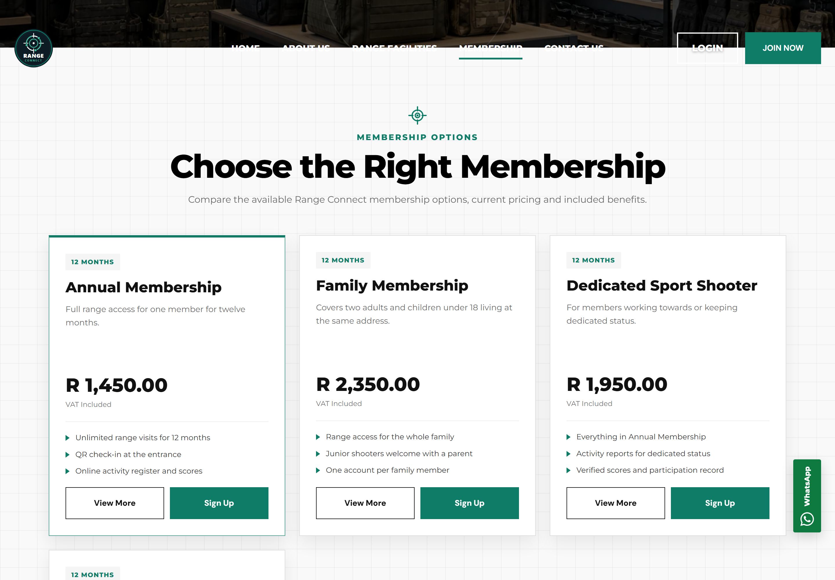 Membership page "Choose the Right Membership" with package cards for Annual Membership at R 1,450, Family Membership at R 2,350 and Dedicated Sport Shooter at R 1,950, each with included benefits and View More and Sign Up buttons.