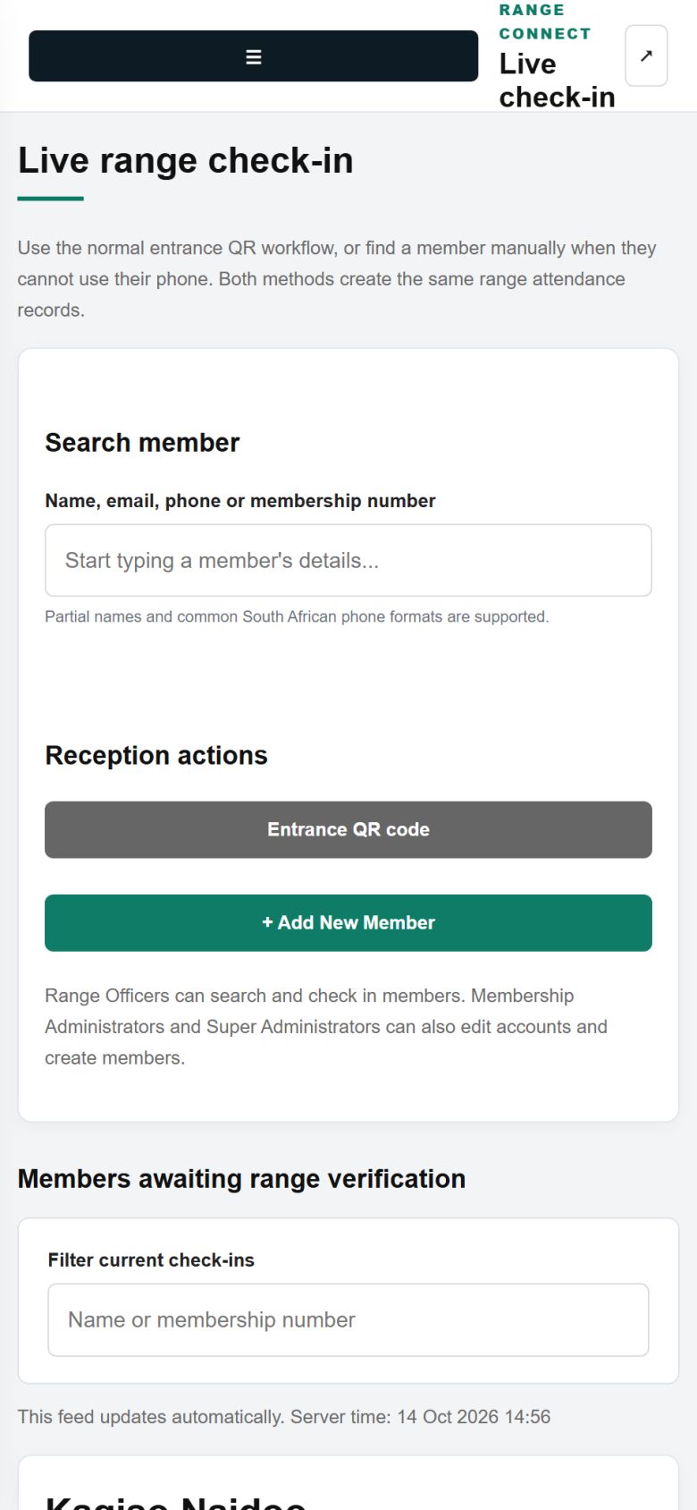 The admin Live range check-in screen on a phone with member search, Entrance QR code and Add New Member buttons and the list of members awaiting verification.