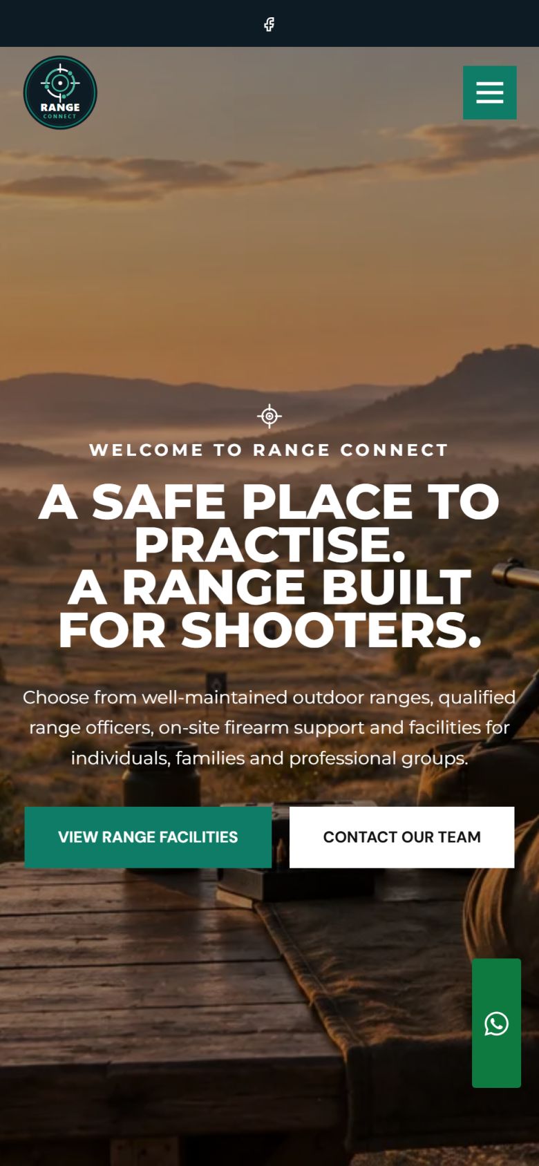 The Range Connect home page on a phone with the headline "A Safe Place to Practise. A Range Built for Shooters." and View Range Facilities and Contact Our Team buttons.