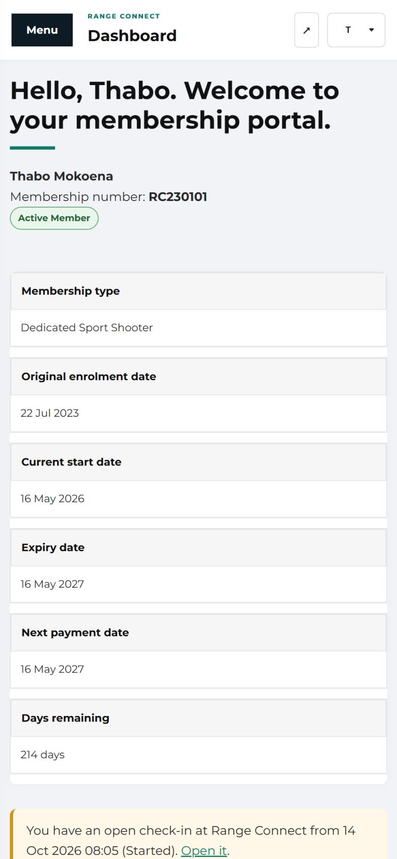 The member dashboard on a phone showing the welcome message, membership number, Active Member badge, membership type and dates.