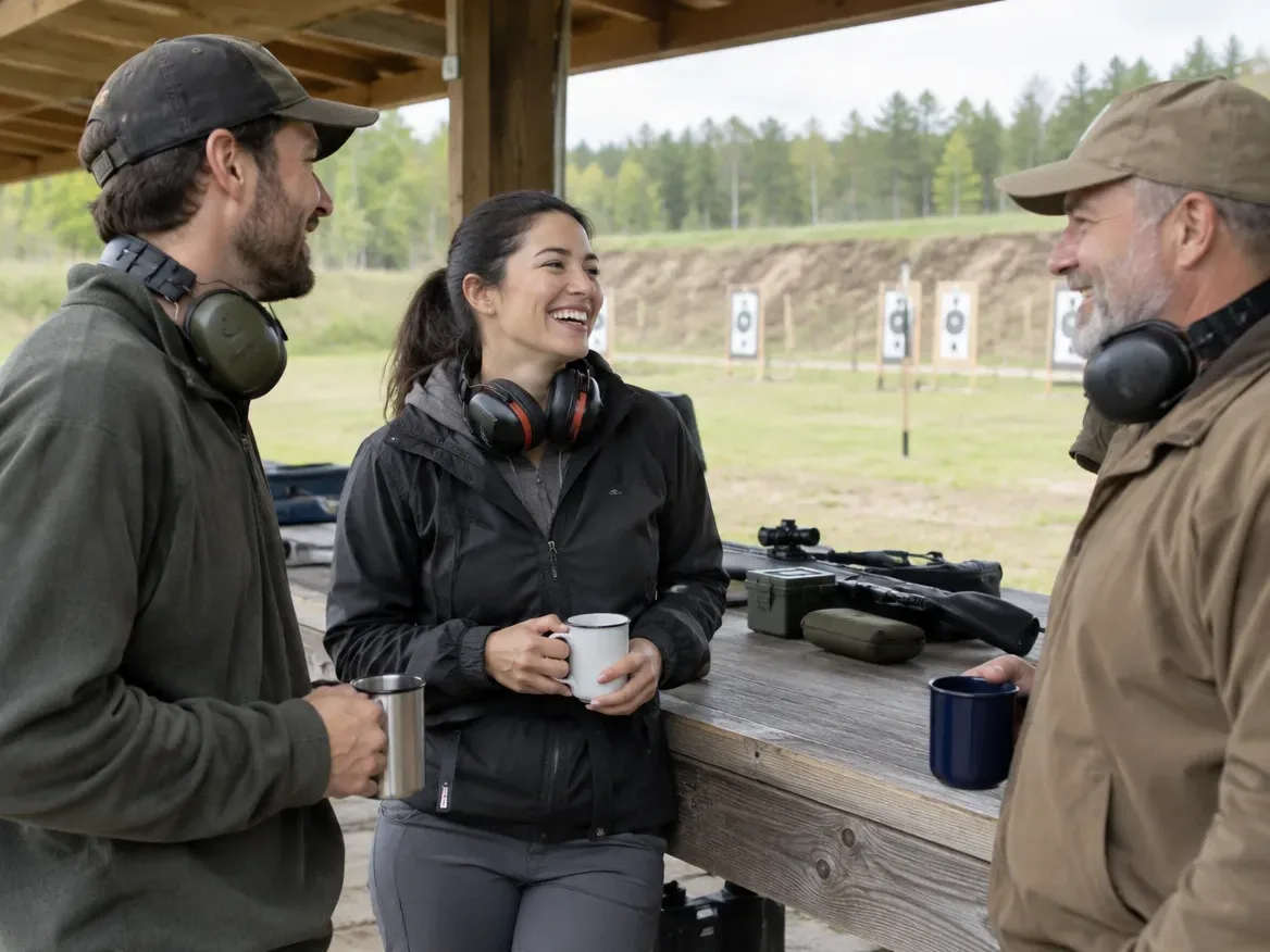 Club members chatting and laughing at a covered shooting bench between sessions