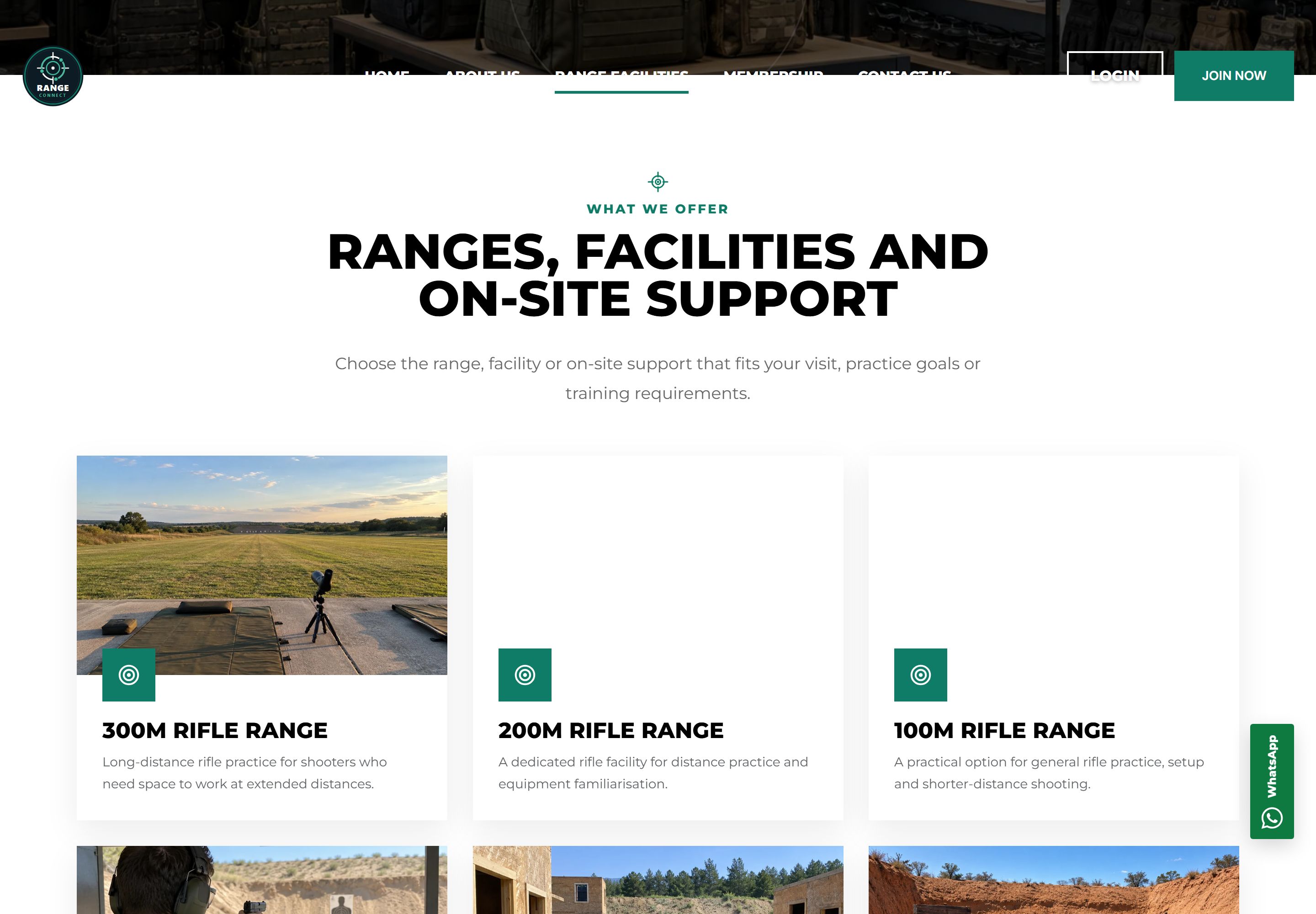 Range Facilities page "Ranges, Facilities and On-Site Support" with photograph cards for the 300m, 200m and 100m rifle ranges, each with a short description.