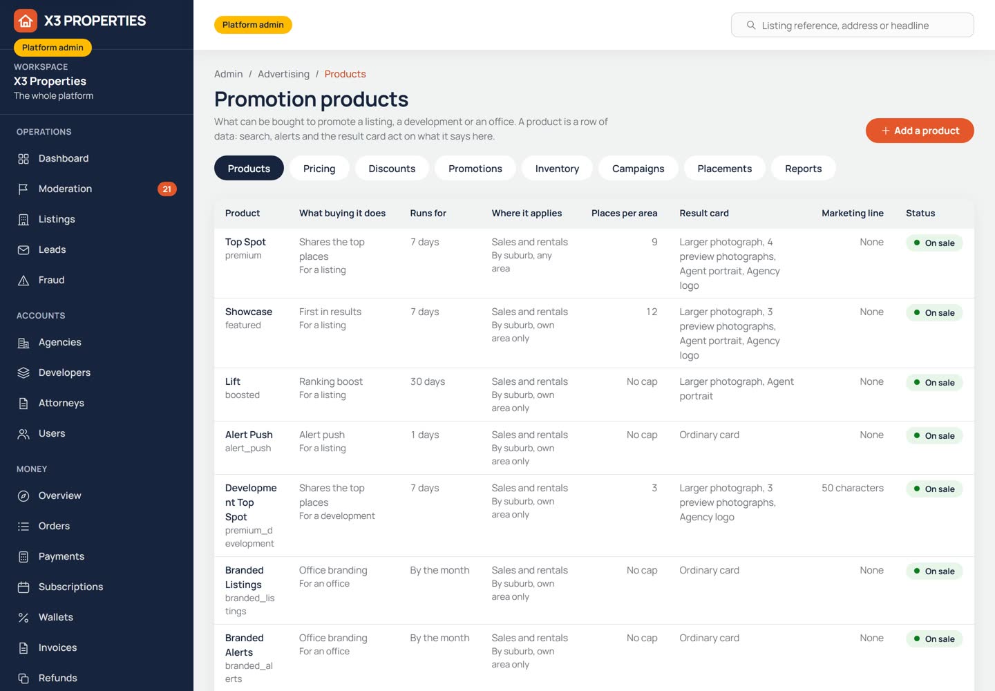 Admin advertising section for managing promotion products, area pricing, discounts, banner campaigns and placements.