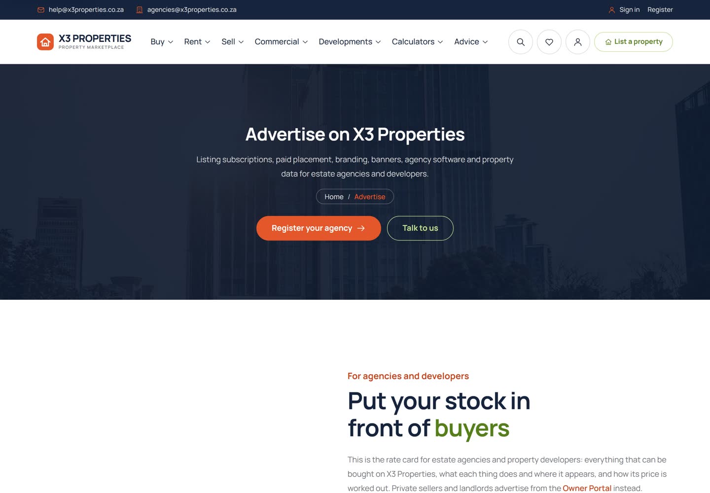 Advertise on X3 Properties page describing listing subscriptions, promoted listings, branding, banner advertising and other products for agencies.