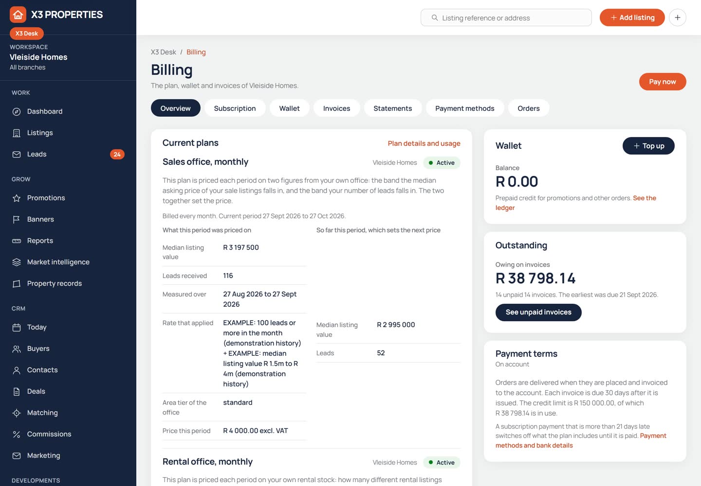 Billing overview in X3 Desk showing the agency's current plans and how the monthly price was worked out, the wallet balance, the amount owing on invoices and the payment terms.