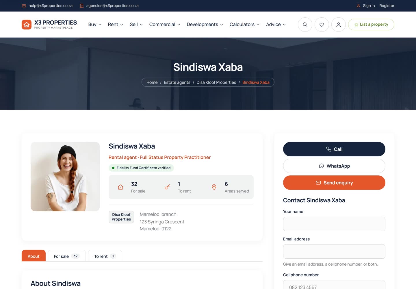 Agent profile page for Sindiswa Xaba with a large portrait, her role, a Fidelity Fund Certificate verified badge, counts of 32 properties for sale, 1 to rent and 6 areas served, her agency and branch address, and Call, WhatsApp and Send enquiry buttons above a contact form.