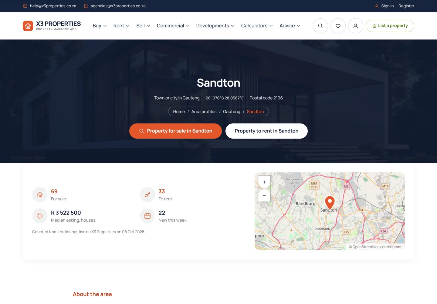 Area page for Sandton with buttons for property for sale and to rent, a panel showing 69 properties for sale, 33 to rent, a median asking price for houses of R 3 522 500 and 22 new this week, and a map with a pin on Sandton.