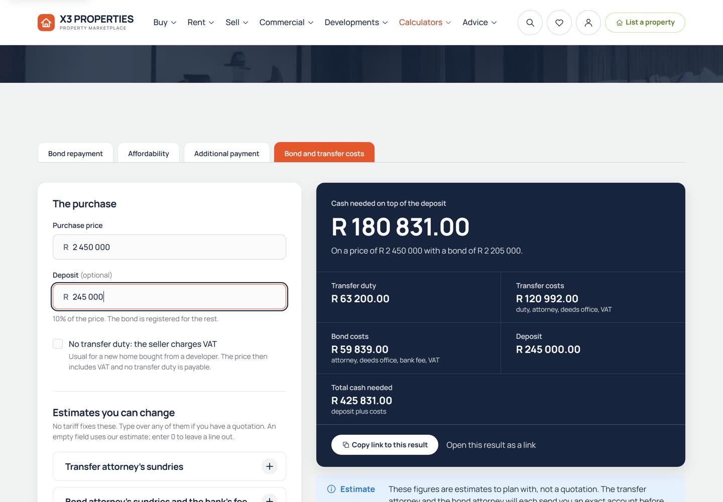 Bond and transfer costs calculator for a R 2 450 000 purchase, showing the cash needed on top of the deposit with transfer duty, transfer costs, bond costs and the total cash needed.