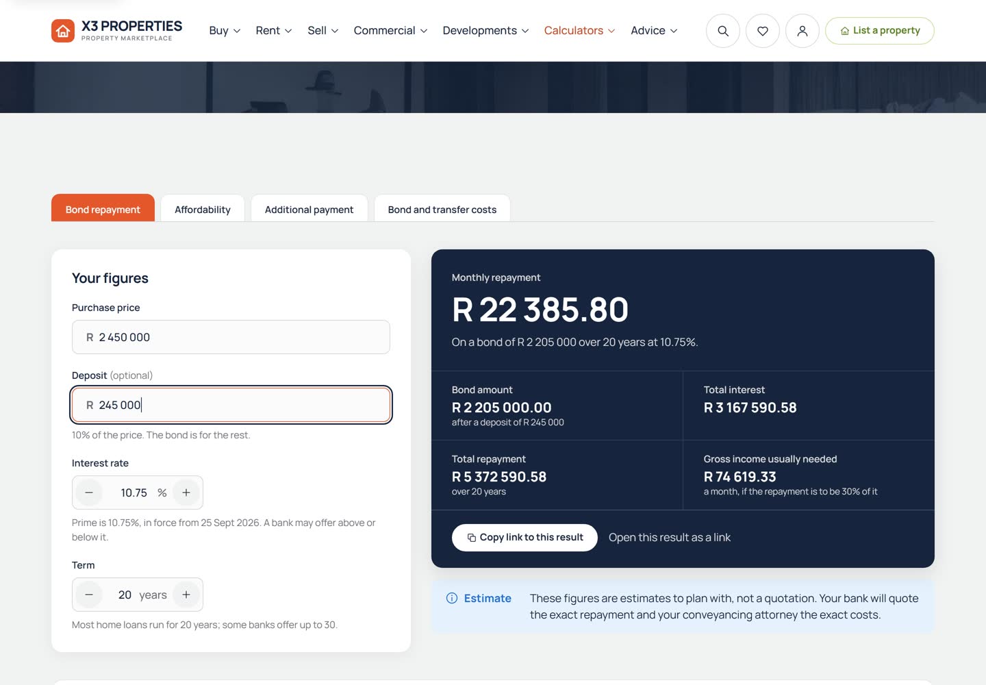 Bond repayment calculator with a purchase price of R 2 450 000 and a deposit of R 245 000 entered, showing a monthly repayment of R 22 385.80 with the bond amount, total interest, total repayment and the income usually needed.