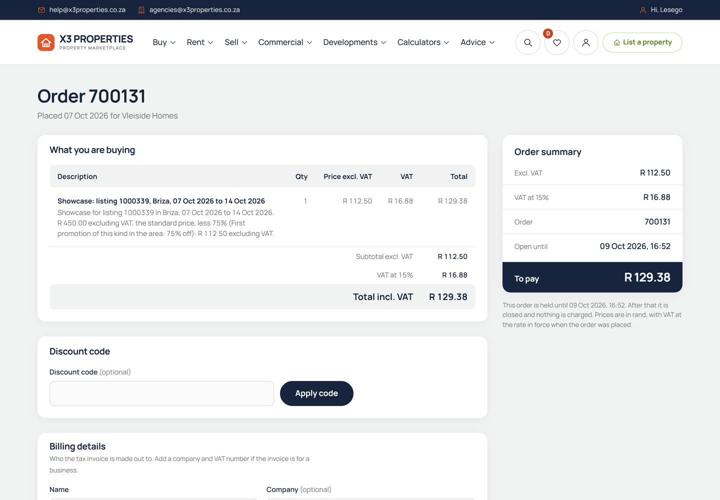 Checkout page showing what is being bought, the price, VAT and total, a discount code field and billing details.