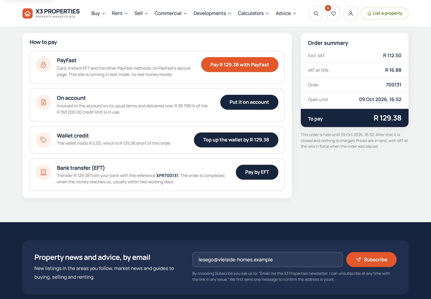 Checkout "How to pay" section with options to pay with PayFast, from wallet credit, by bank transfer (EFT) or on account, and an orange "Pay with PayFast" button.