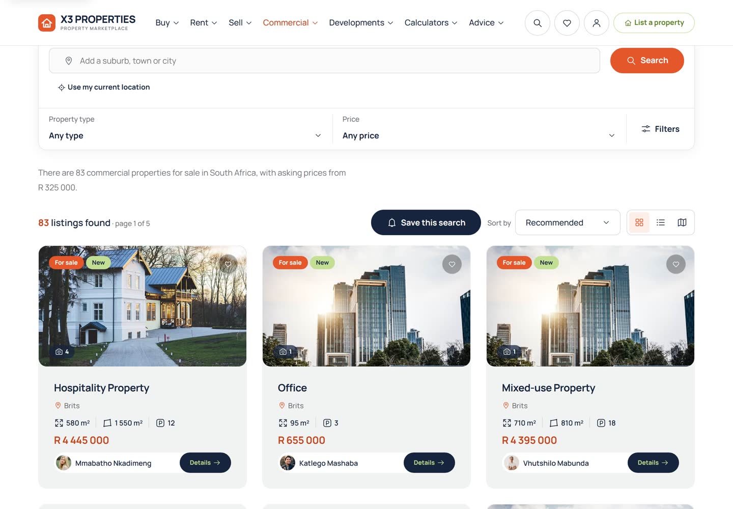 Commercial property for sale results with a location search and filter panel, "83 listings found", and cards for a hospitality property, an office and a mixed-use property showing floor area, land size, parking bays and price.