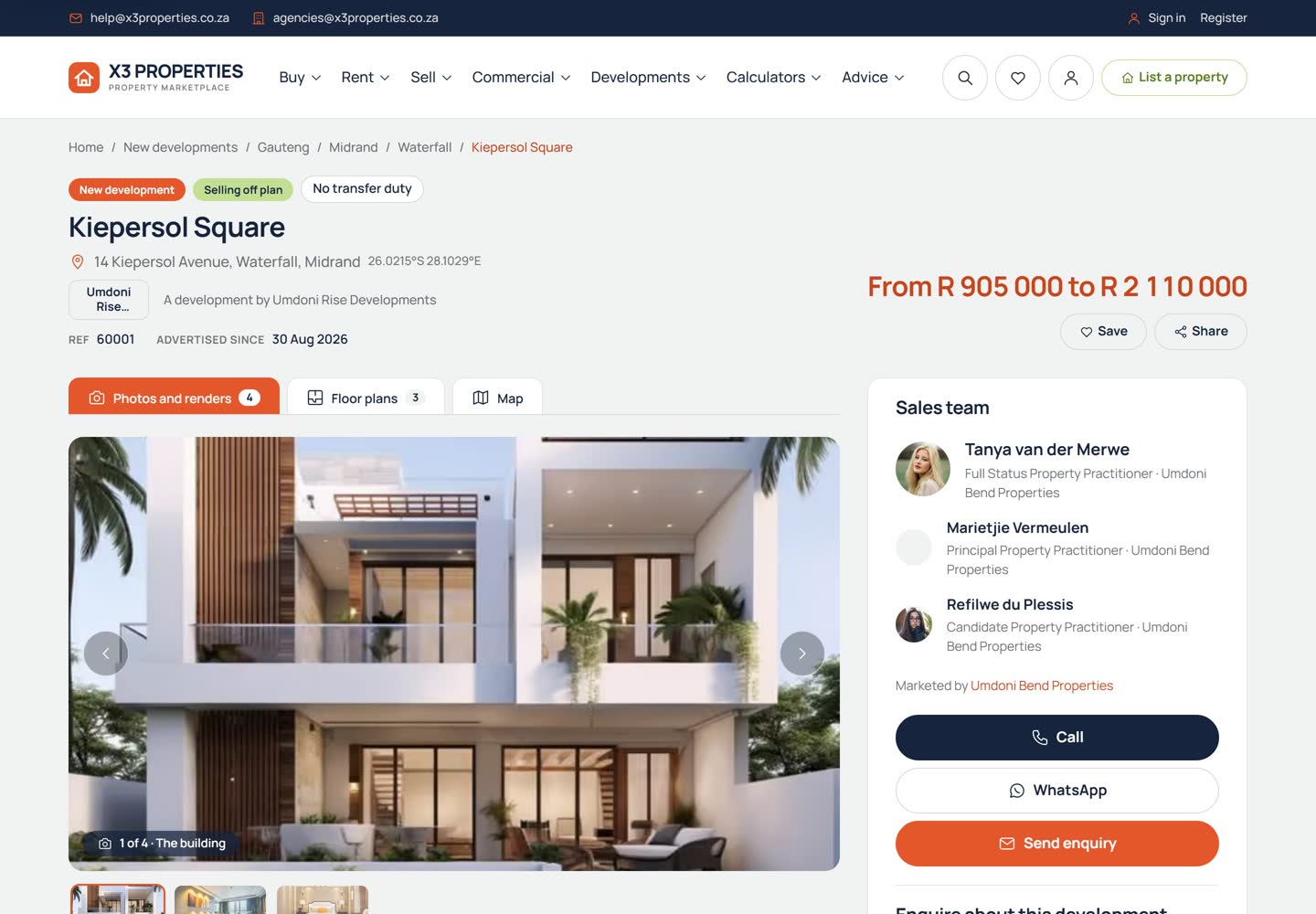 Development page for Kiepersol Square with status badges, the address, a price range of R 905 000 to R 2 110 000, tabs for photos, floor plans and map, a large image of the building and a sales team card with Call, WhatsApp and Send enquiry buttons.