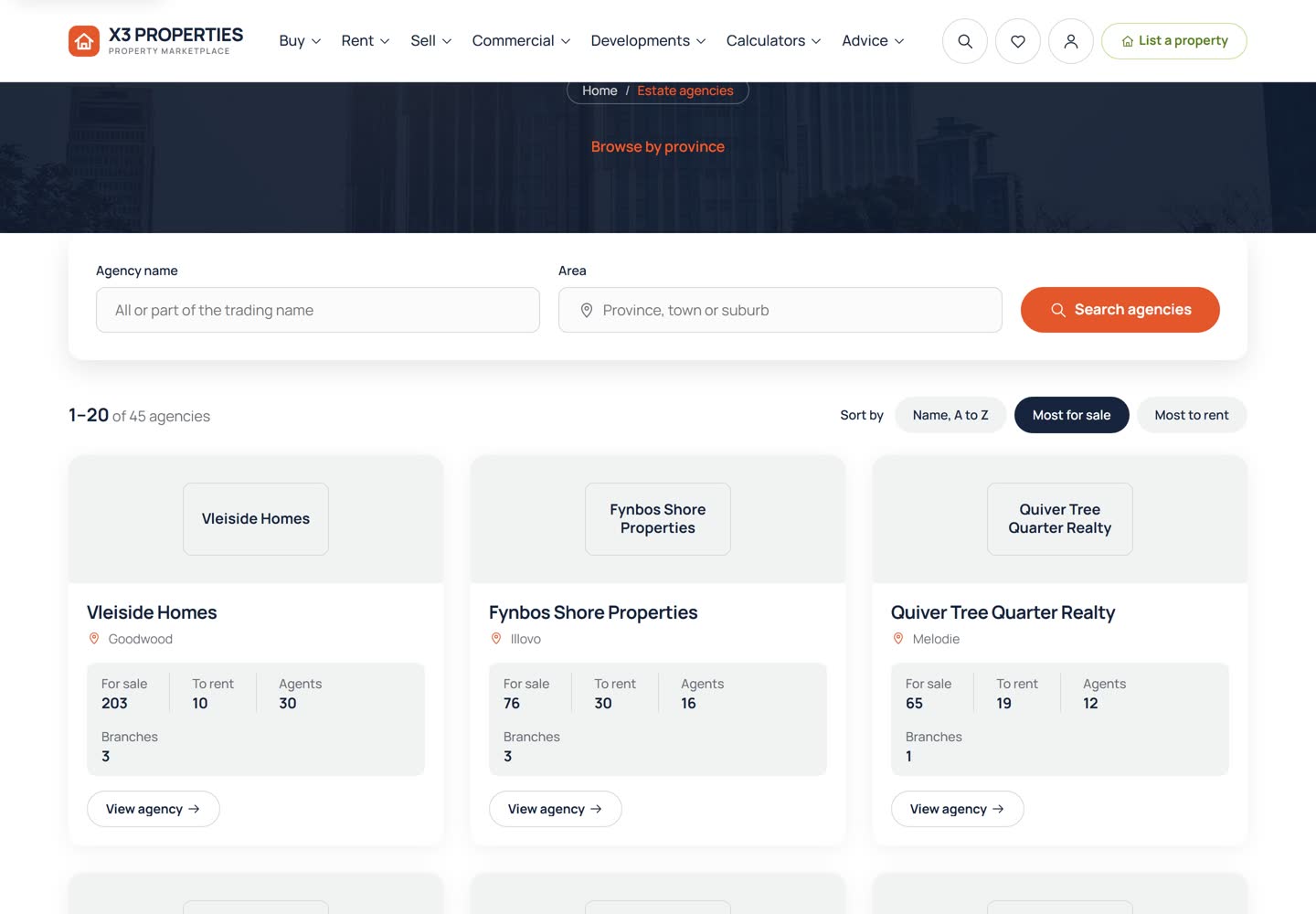 Estate agencies directory with a search by agency name and area, sort options, and agency cards showing each agency's name, suburb, numbers of properties for sale and to rent, agents and branches, and a View agency button.