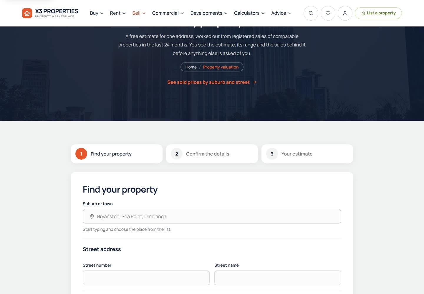 Free property valuation page where an owner enters their property details to get an estimated value.