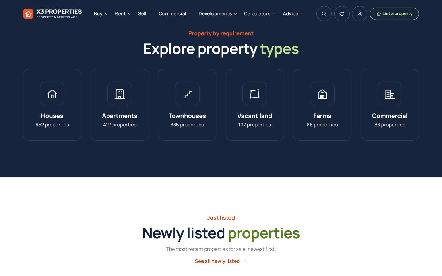 Home page section "Explore property types" with icon cards for houses, apartments, townhouses, vacant land, farms and commercial, each showing how many properties are listed.