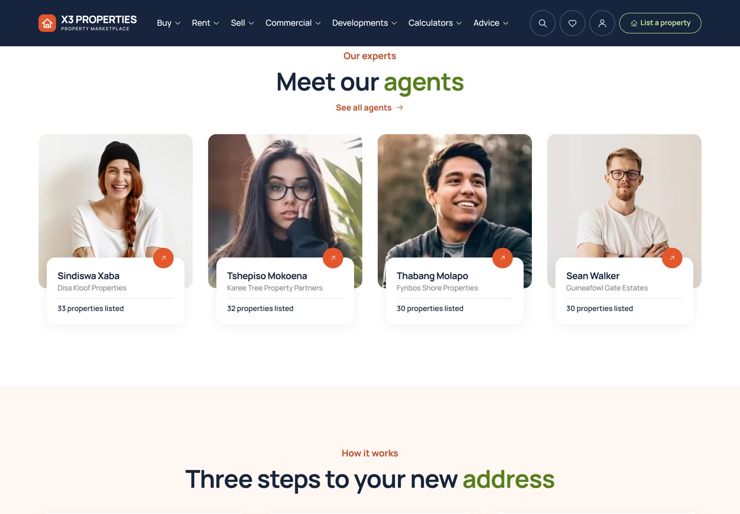Home page section "Meet our agents" showing agent cards with a portrait, name, agency and buttons to view the profile.