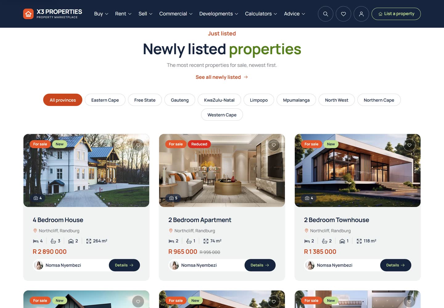 Home page grid of newly listed properties: photograph cards with For sale and New badges, bedrooms, bathrooms, floor size, price, the agent and a Details button, with province filter pills above.