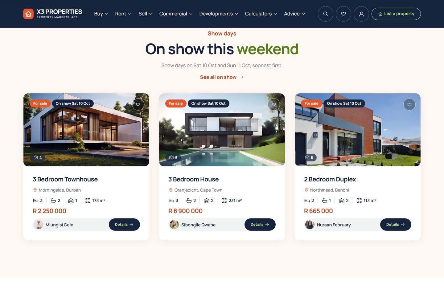 Home page section "On show this weekend" with three property cards, each carrying a For sale badge and an "On show Sat 10 Oct" badge, with the price, room figures, the agent and a Details button.