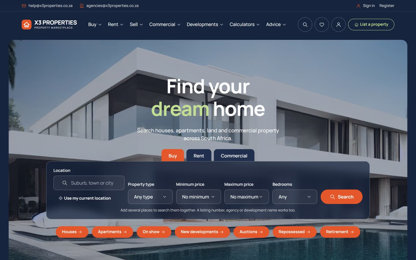 X3 Properties home page: a large house photograph with the headline "Find your dream home", Buy, Rent and Commercial tabs, a search panel for location, property type, price and bedrooms, and orange shortcut buttons.