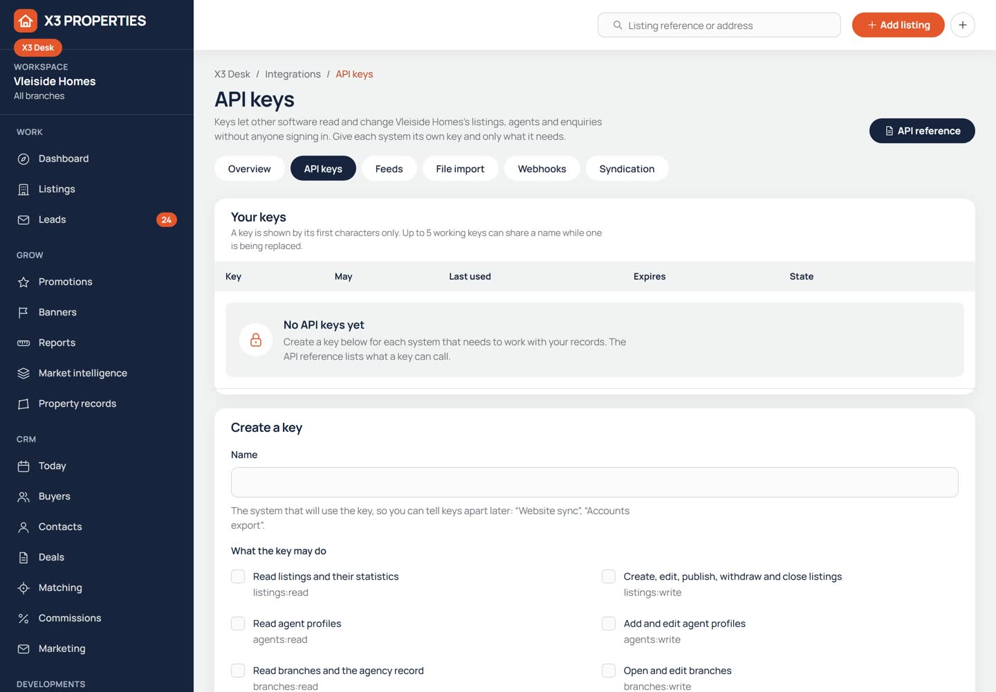 Integrations screen in X3 Desk where an agency creates API keys and sets up listing feeds, webhooks and syndication.