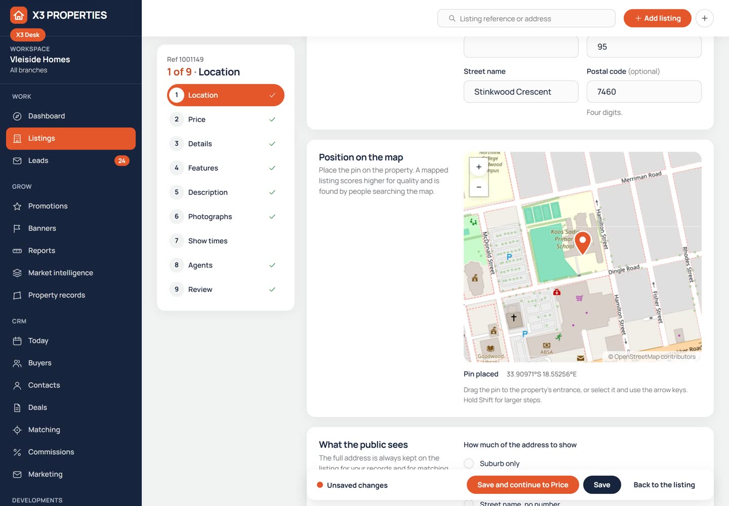 Listing editor location step in X3 Desk with the street address, a map with a draggable pin marking the property, and the start of the choice of how much of the address the public sees.