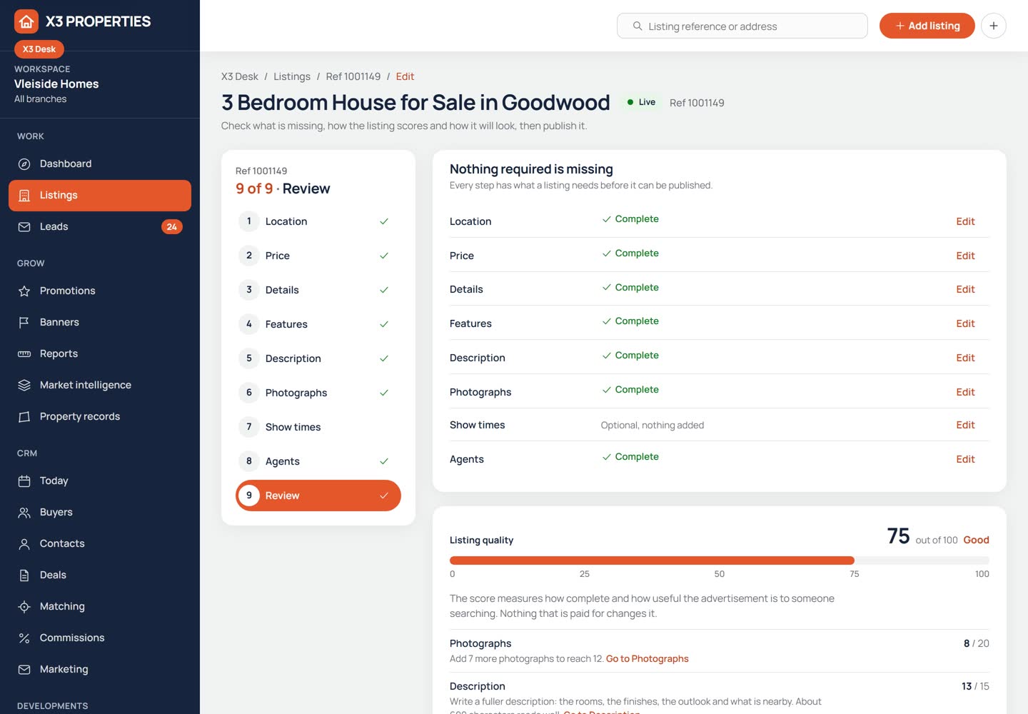 Listing editor review step showing every required section marked complete and a listing quality score of 75 out of 100 with suggestions for improving it.