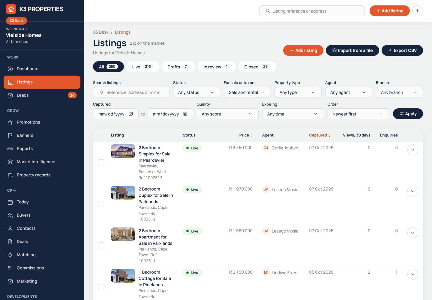 Listings table in X3 Desk with filters for status, type and agent, and columns for listing, status, price, agent, date listed, views and enquiries.