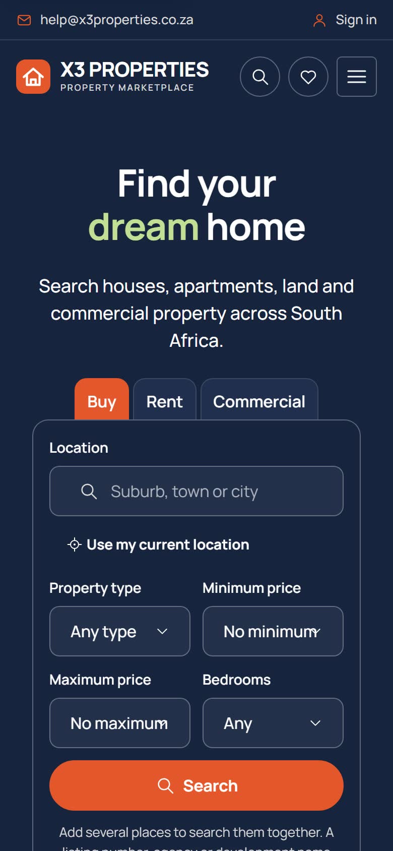 The X3 Properties home page on a phone with the headline, Buy, Rent and Commercial tabs and the location search.