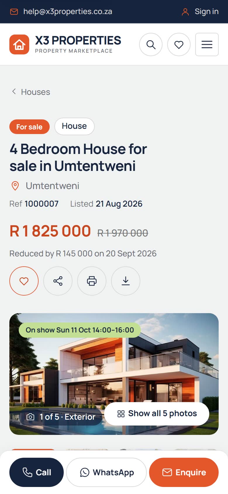 A property page on a phone with the photograph gallery, price and a contact bar for calling, WhatsApp and enquiring.
