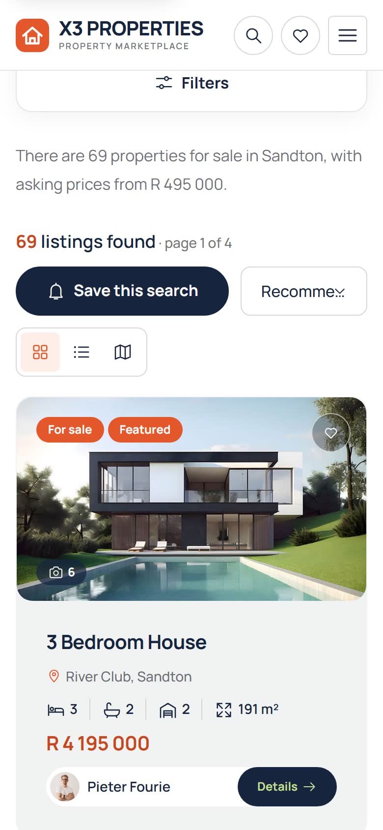 Property search results for Sandton on a phone, showing the Filters button, the result count, a 'Save this search' button and one full-width listing card with photograph, facts, price and agent.