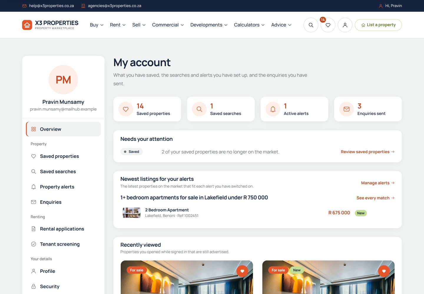 My account page for a signed-in buyer with tiles for 14 saved properties, 1 saved search, 1 active alert and 3 enquiries sent, a notice about saved properties no longer on the market, the newest listing matching an alert, and recently viewed properties.
