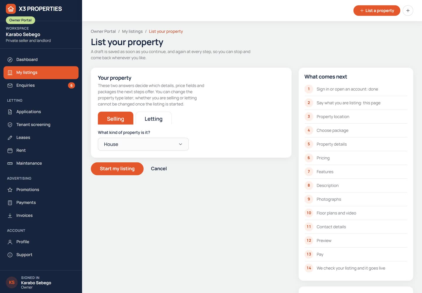 The first step of listing a property privately, where the owner chooses to sell or let and the kind of property.