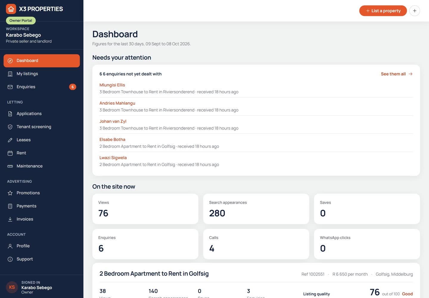 Owner Portal dashboard for a private seller and landlord, showing enquiries still waiting for a reply, figures for views, search appearances, saves, enquiries, calls and WhatsApp clicks, and the top of one live listing with its quality score.