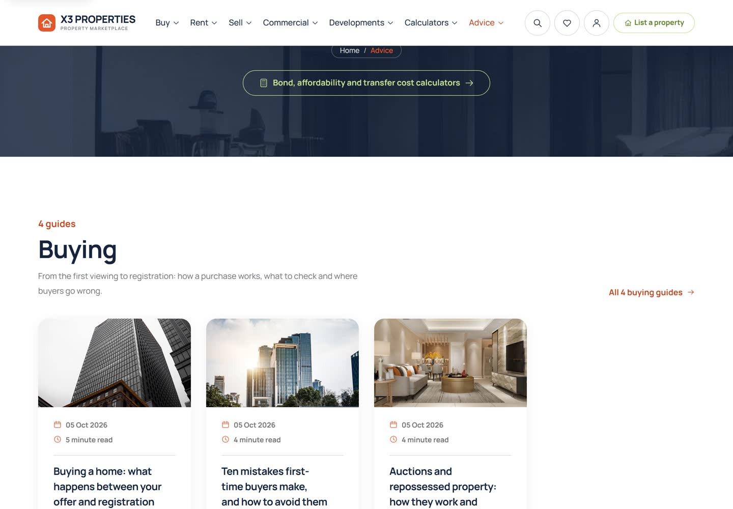 Advice page showing the Buying category with three guide cards, each with a photograph, date, reading time and title, under a banner linking to the bond, affordability and transfer cost calculators.