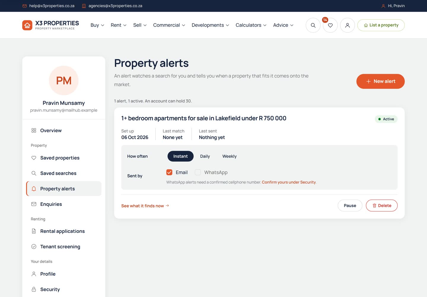 Property alerts page listing a user's alerts with their search criteria, how often they are sent and buttons to pause or delete them.