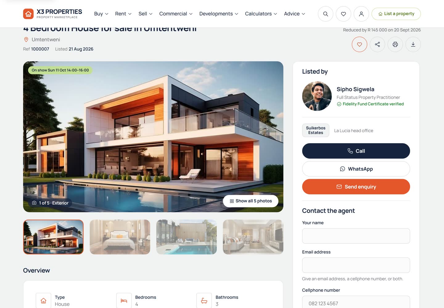 Property page for a 4 bedroom house in Umtentweni with the photograph gallery on the left and, on the right, the agent's card with portrait, name and agency, Call, WhatsApp and Send enquiry buttons and the start of a contact form for name, email address and cellphone number.