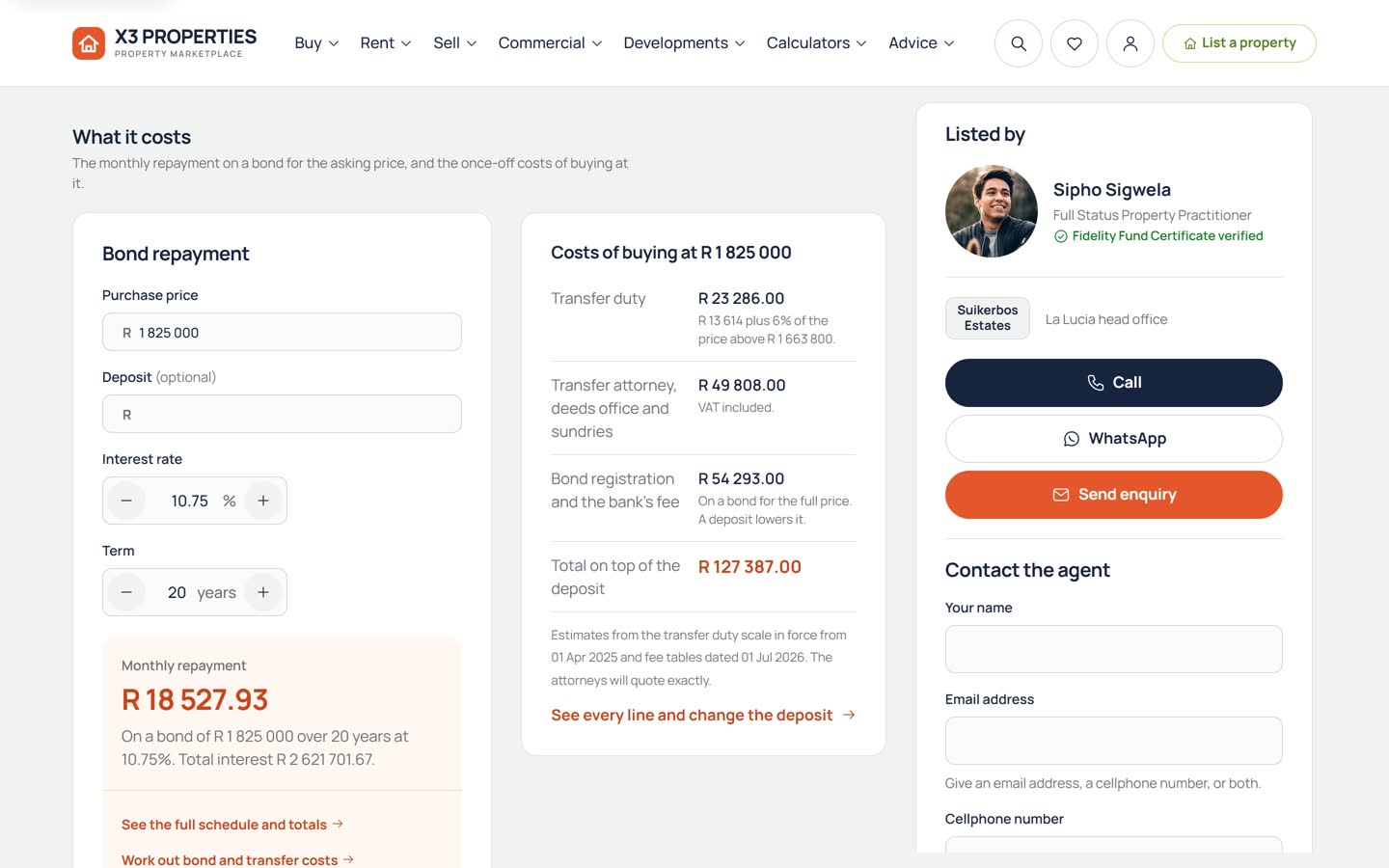 Section "What it costs" with a bond repayment calculator prefilled with the asking price and a table of transfer duty, attorney fees and bond registration costs.