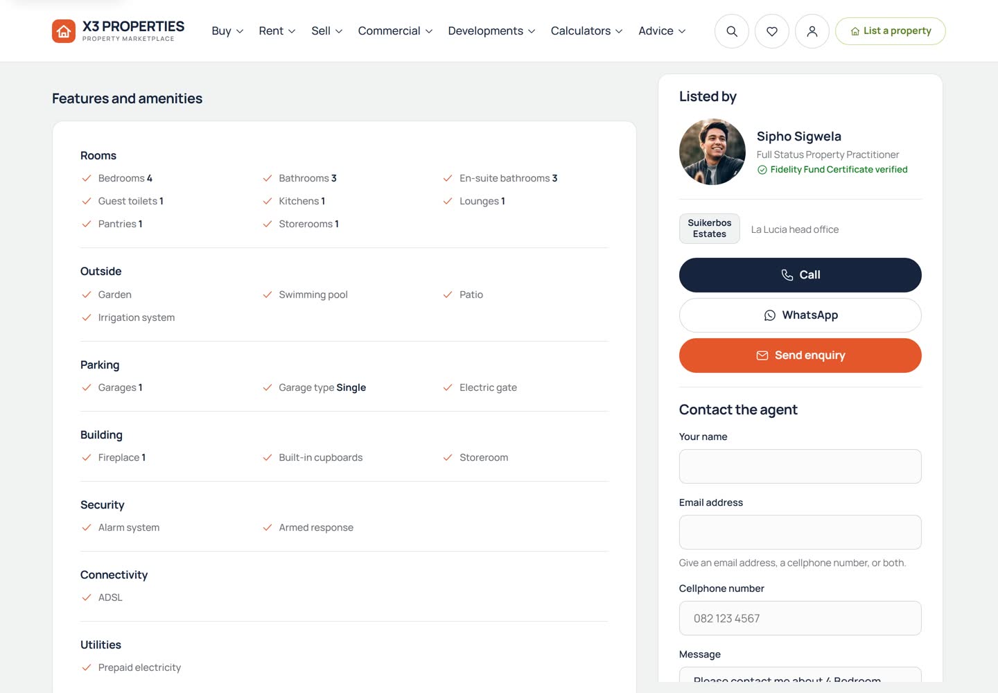 Features and amenities section of a property page with ticked items grouped under Rooms, Outside, Parking, Building, Security, Connectivity and Utilities, beside the agent's contact card with Call, WhatsApp and Send enquiry buttons.