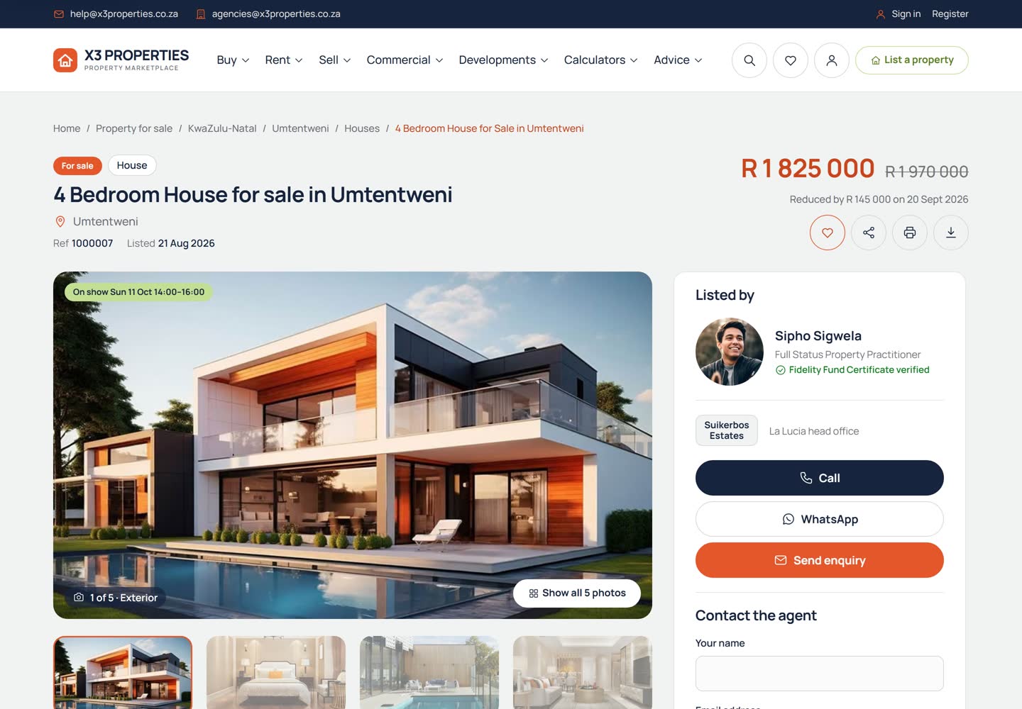 Property page for a 4 bedroom house in Umtentweni: a large photograph with an on-show badge and a row of smaller photographs, the price R 1 825 000 beside the old price struck through, and the agent's card with Call, WhatsApp and Send enquiry buttons.