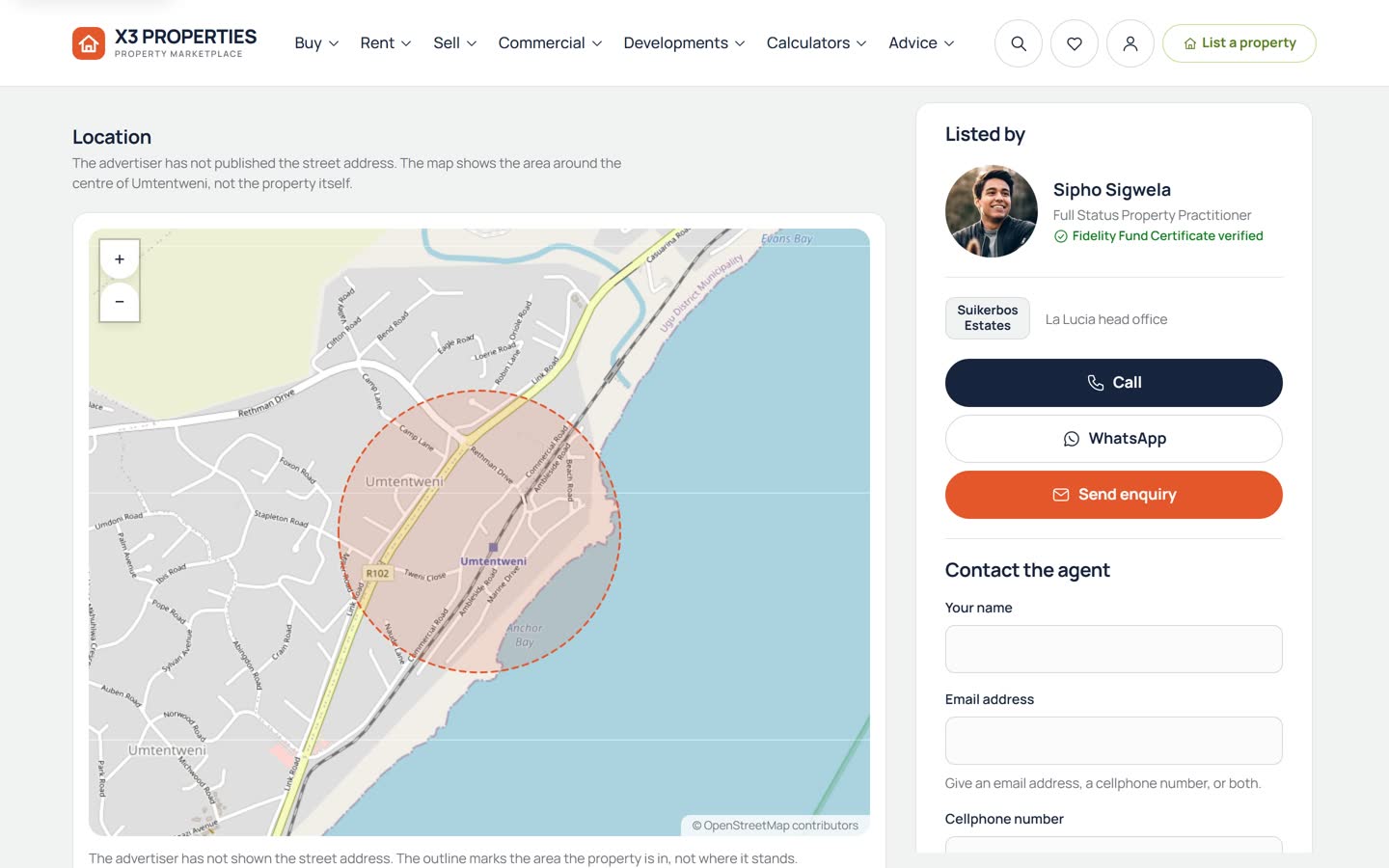 Location section of a property page with a street map of Umtentweni, a dashed orange circle marking the general area, a note that the advertiser has not published the street address, and the agent's contact card on the right.