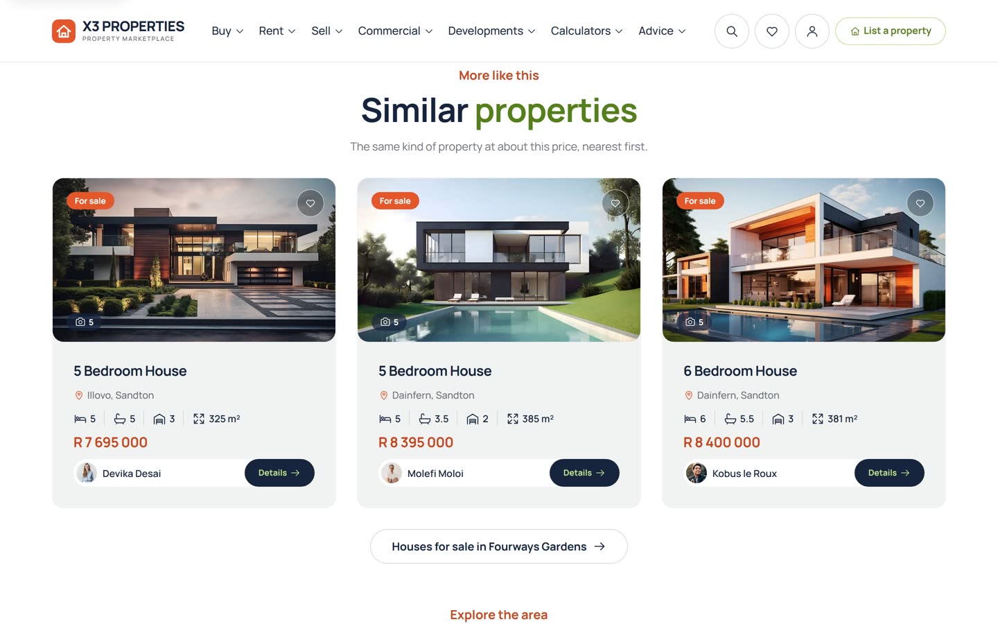 The Similar properties section at the bottom of a property page with three photograph cards for houses in Sandton, each showing a For sale badge, bedrooms, bathrooms, garages, floor size, price, the agent and a Details button.