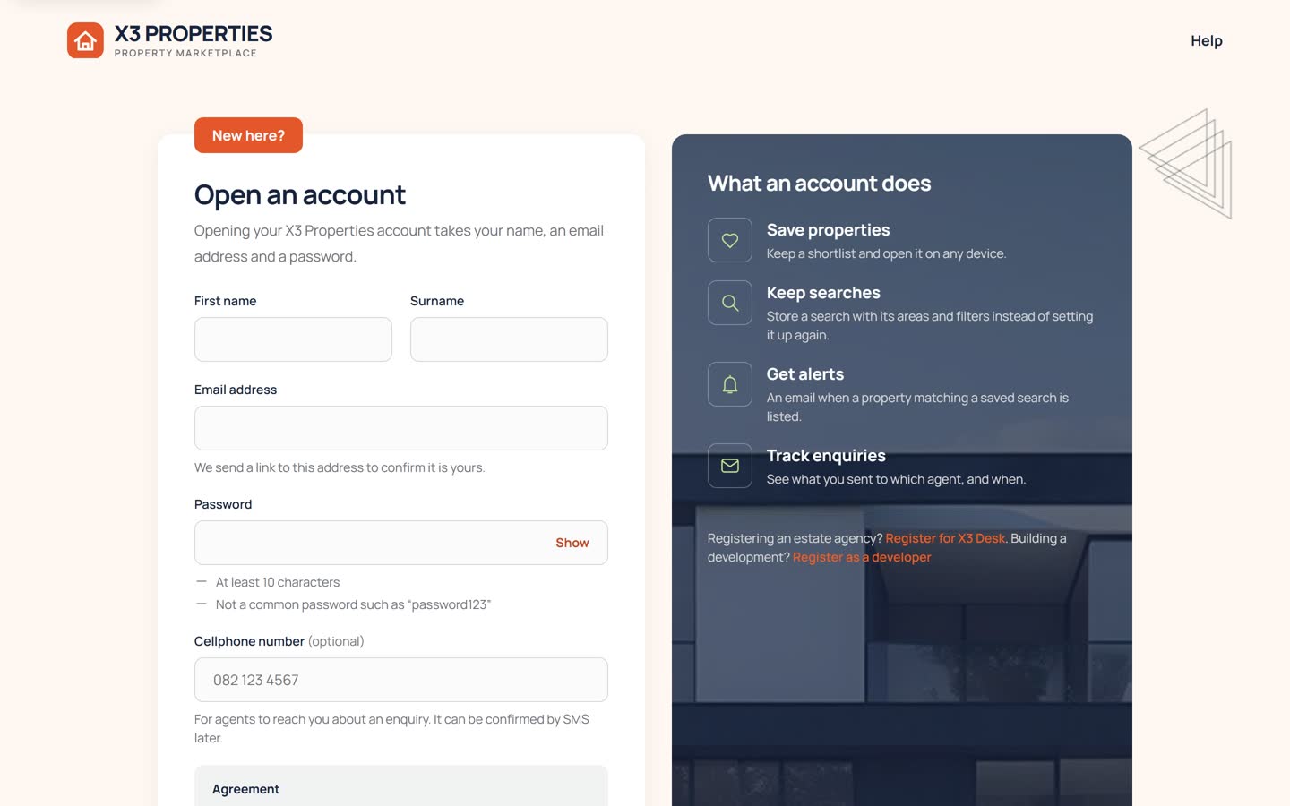 Registration page 'Open an account' with fields for first name, surname, email address, password and an optional cellphone number, beside a panel listing what an account does.