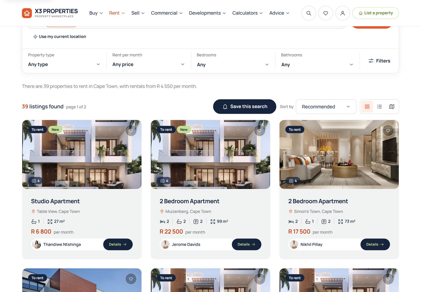 Rental search results for Cape Town: a filter bar for property type, rent per month, bedrooms and bathrooms, 39 listings found, a Save this search button and property cards showing the monthly rent, key facts and the agent.