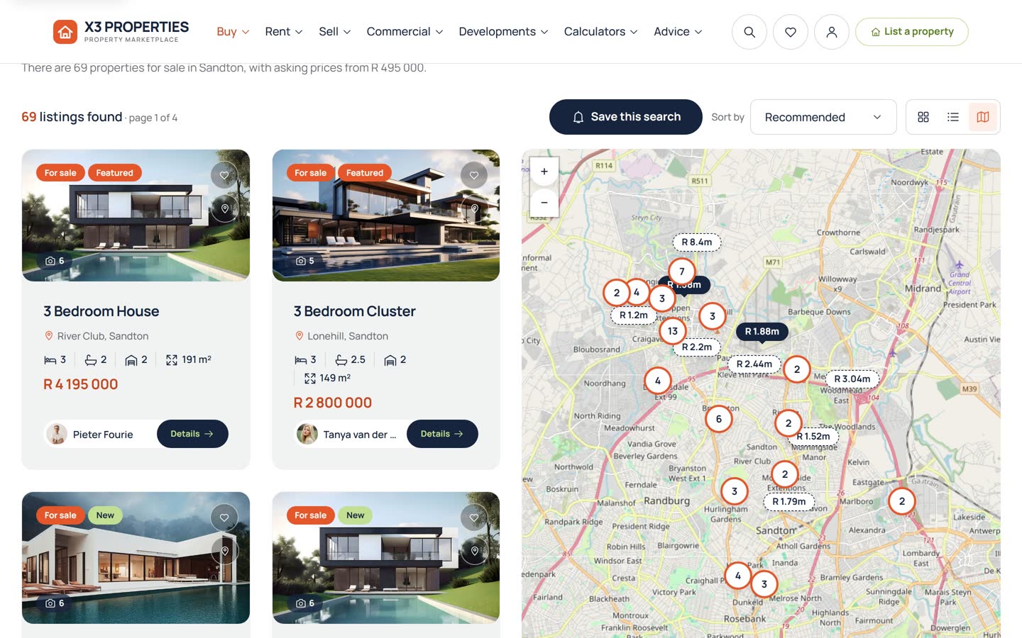 Map view of property for sale in Sandton: a list of properties on the left and a street map on the right with price labels and clustered markers.