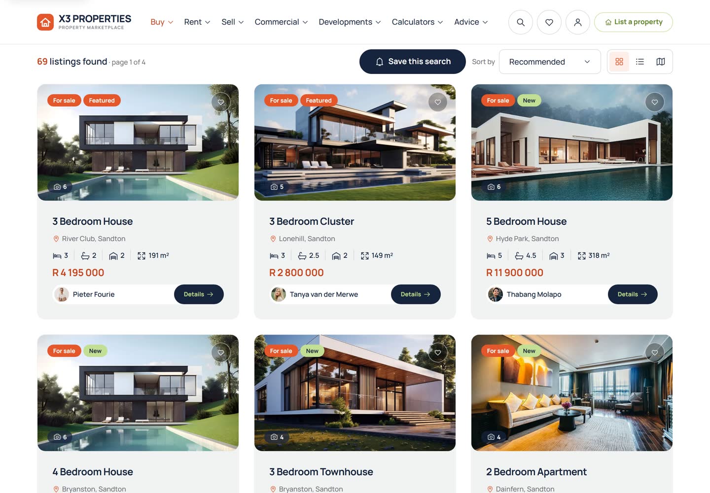 Grid of property result cards for Sandton: photographs with For sale, Featured and New badges, a photo count, title, suburb, bedrooms, bathrooms, garages, floor size, price and the agent.