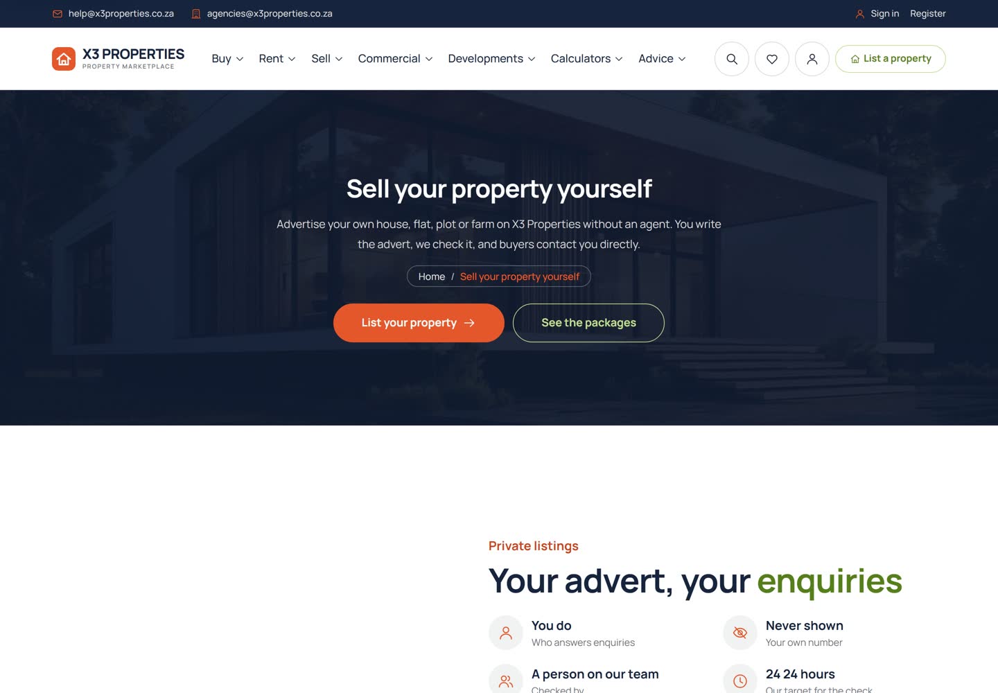 Landing page 'Sell your property yourself' with a dark photograph of a modern house, an orange 'List your property' button and an outlined 'See the packages' button, and the start of a 'Your advert, your enquiries' section below.