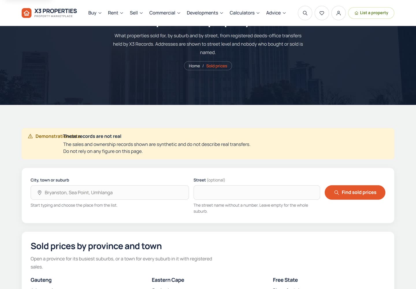 Sold prices page where a visitor can search a suburb or street to see what properties sold for.