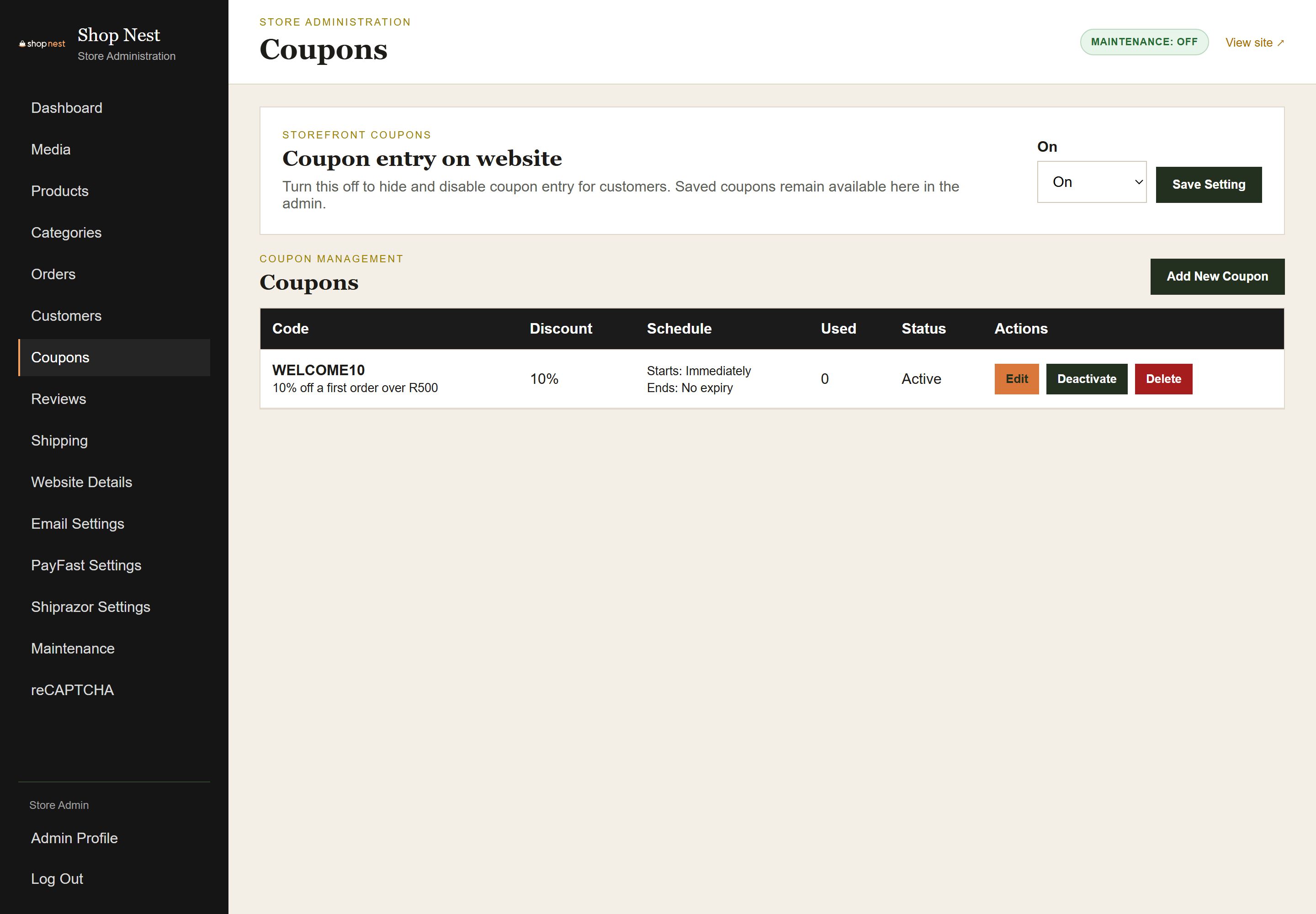 Admin Coupons page listing coupon codes with discount type and value, usage and expiry, and an Add Coupon button.