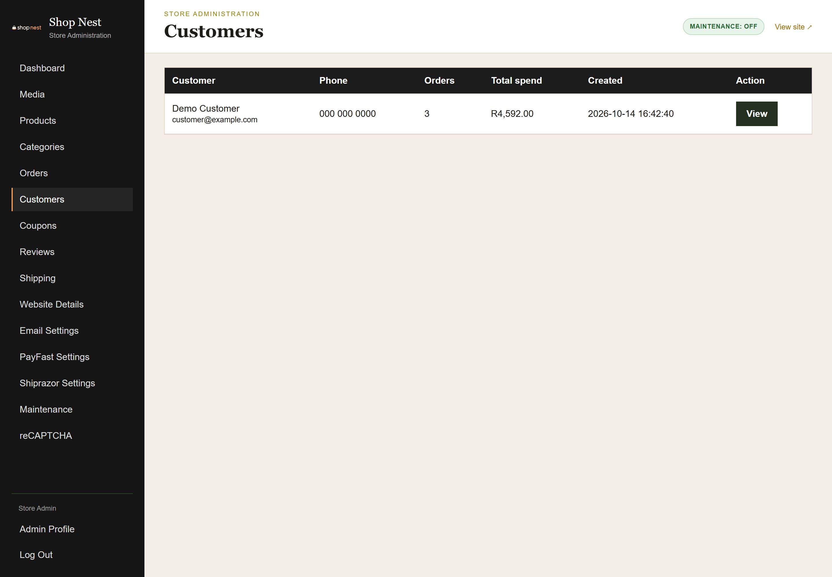 Admin Customers list with search, and a table of customers showing name, email, number of orders and total spent.